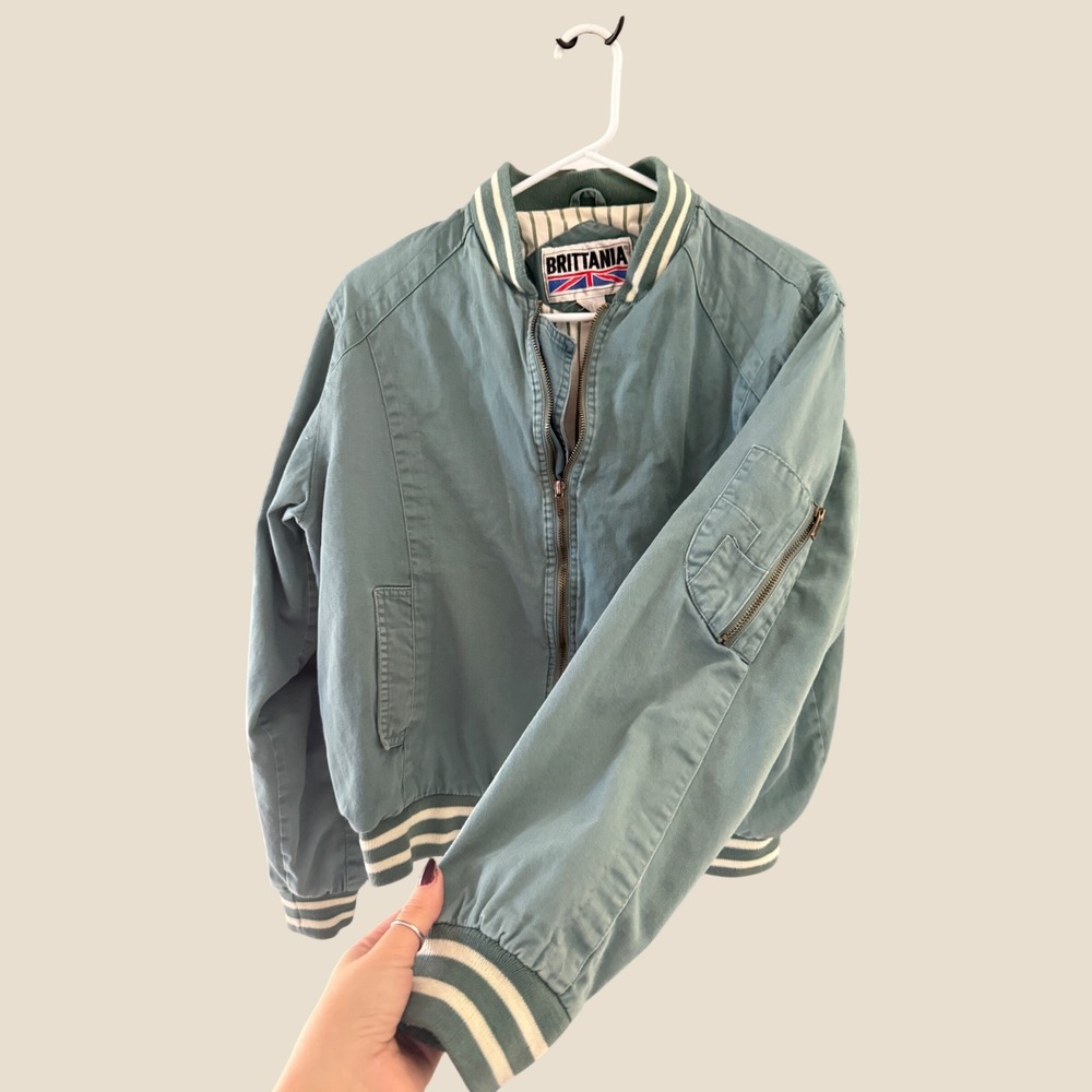 Brittania Vintage Bomber Jacket Teal Blue Striped Trim Full Zip Mens Medium